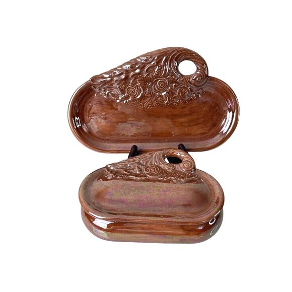 Vintage Byron Molds 1977 Pumpkin Ceramic Trinket Box & Tray, Signed Hand Painted - Picture 1 of 12